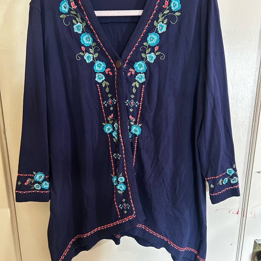 2 Coldwater Creek Navy Blue Blouse with Floral Embroidery